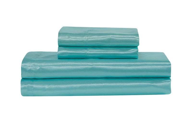 MK Home Mk Collection 4pc Soft Silky Satin Solid Color Deep Pocket Sheet Set (Aqua Blue, Queen) - Image 1